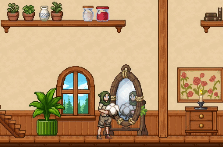 Gameplay: carrying a puffling past the cottage mirror
